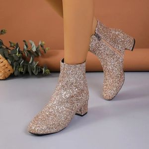 Paillettes Full 174 Gold Hingestone cheville pour femmes 2024 Zipper Boots Chunky Talon Sexy Leopard Mid-Heel Ladies Chaussures 231219 Mid-
