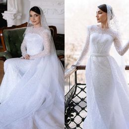 Paillettes magnifiques manches de gaine longues pour robes robes de mariée robes nuptiales avec train détachable