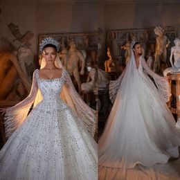 Pailletten jurk prachtige jurken bal glanzende bruiloft vierkant kralen lange mouwen backless veter sweep trein op maat gemaakte bruids plus size vestidos de novia