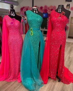 Pailletten Dame Pageant Jurken 2022 Shede One-Shoulder Prom Toga Elegante Vrouwen Formele Avondjurk Robe de Soiree met Trein Hoge Slit Lace-Up Blauw Groen Roze Rood