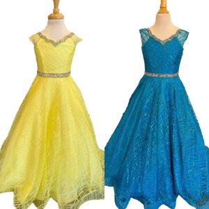 Lentejuelas Niña Vestido de desfile 2023 A-Line V-cuello Niños pequeños Cumpleaños Fiesta formal Vestido Niños pequeños Adolescentes Preadolescentes Joven Señorita Tiny Amarillo brillante Teal Beading Sash