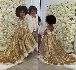 Pailletten lange mouwen gouden bloemenmeisjes jurken illusie juweel nek kanten applique op maat gemaakte kleine meisje prinses verjaardagsfeestje jurk