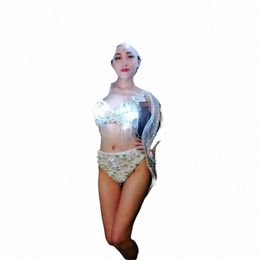 Lentejuelas Malla Gasa Sombrero Perla Rhinestes Apliques Bikini Conjuntos Traje brillante para mujeres Damas Discoteca Rendimiento Danza Desgaste 63k8 #