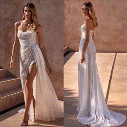 Pailletten Milla voor nova strapless jurk glitter trouwjurken bruidsjurken dij spleet gewaad de mariee backless bruid jurk es