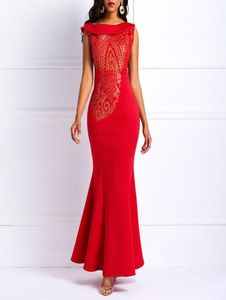 Paillettes fête moulante sirène longue robe femmes élégant mince à volants bureau dames bal soirée formelle solide rouge Sexy Maxi robes T9054441