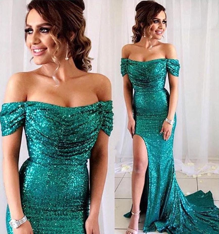 Sequins Pea Evening Dresses Elegant Off The Shoulder Mermaid Ruched Side Slit Sweep Train Formal Prom Party Gown Custom Made