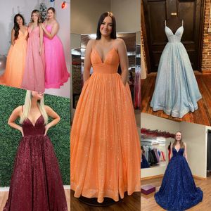 Lentejuelas Vestido de fiesta 2023 Bolsillos Blingbling Sparkle Lady Noche formal Vestido de fiesta de boda Homecoming Court Pageant Gala Runway Alfombra roja 2k23 Naranja Rosa Azul Azul marino