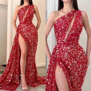 Pailletten prom modejurken één schouderavondjurken plooien spleet formele rode loper lange speciale ocn party jurk