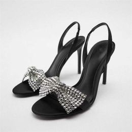 Sandalias de lentejuelas 2022 Bow Women Traf Rhinestone Black Round Toe Shoes de tacón alta