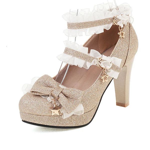 Paillettes peu profondes bouche célibataire femme étanche taiwan épaisse avec des chaussures super hautes argent argent arc lolita chaussures de femmes 240106