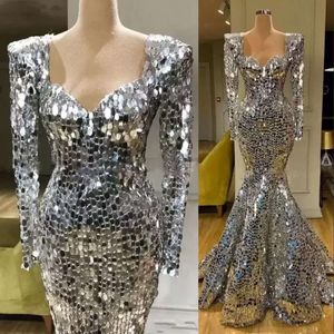 Pailletten Sier Sparkly Zeemeermin Galajurken Mouwen Arabische Avondjurk Dubai Lange Elegante Vrouwen Formele Feestgalajurken