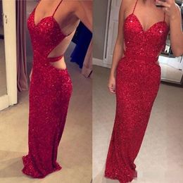 Pailletten sprankelende avondrode jurken spaghetti backless zeemeermin op maat gemaakte plus size prom party jurk formele ocn slijtage