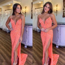 Pailletten lieverd avond oranje koraal prom jurk elegante dijspleet backless formele jurken voor speciale ocns es