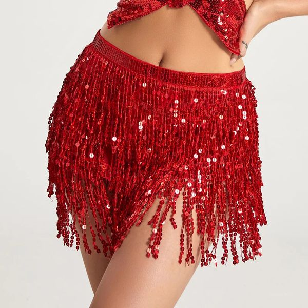 Paillettes gland jupes taille chaîne ceintures pour femmes danse du ventre accessoires réglable Performance mini jupe vêtements de danse 240112