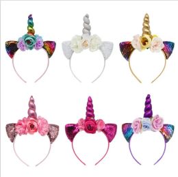 Lentejuelas Unicornio Baby Girls Hairband Kids Glitter Rainbow Diadema Niños Orejas de gato Palillos para el cabello Headwear Boutique Accesorios para el cabello LT183 ZZ