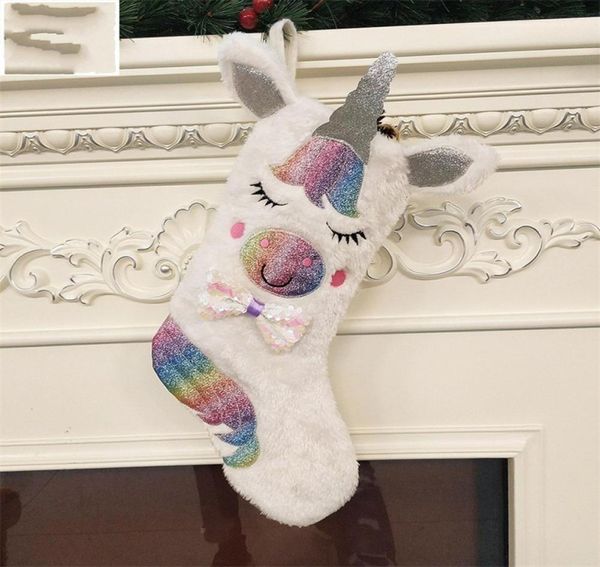 Paillettes Unicorne Grande décorations de bas de Noël Couleur Tissu penseur Opp Package Gift Sac Fashion avec divers motifs 15 8JF7749409
