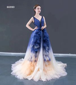 Paillettes col en V bleu et rose robe de soirée A-ligne jupe longue princesse robe de soirée avec jupe en tulle gonflé dégradé de couleur élégant SM66990