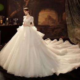 Pailletten met v-hals race prinses short-mouwen jurken geappliqued vintage baljurk trouwjurk op maat gemaakte vestidos de novia