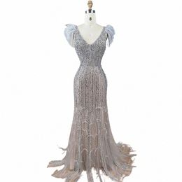 Hill Hill Sirène arabe Grey Nude Nude Dres Gowns 2024 Feather perle Elegant for Women Wedding Party LA72184 71CB # #