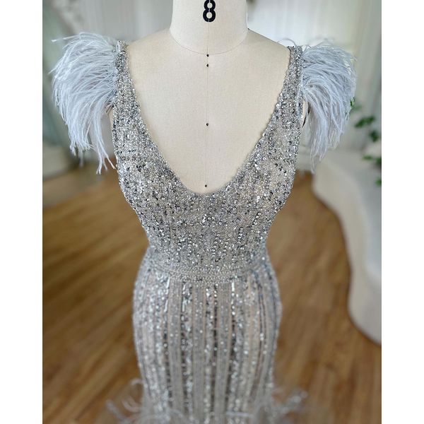 SERENE HILLA ARABADA Mermaid gris Vestidos de noche desnudos Vestidos 2024 Feather Boaded Elegant para mujeres Fiesta de bodas LA72184