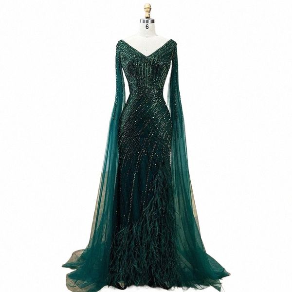 Serene Hill Black Mermaid Cape Sleeves High Split Luxury Beaded Feathers Vestidos de noche Vestidos 2024 para mujeres Fiesta LA72216 z7lv #