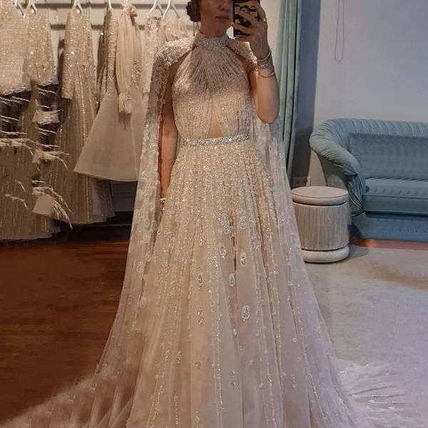 Serene Hill Dubai Árabe Luxury Nude A Línea Vestidos de noche con cuentas con vestidos de mangas de la capa para mujeres Fiesta de bodas 2024 LA71803 240328