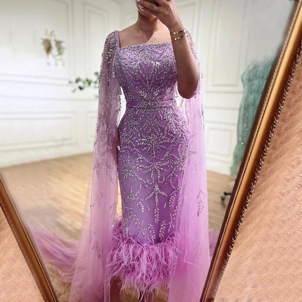 Serene Hill Lila sirena hasta el tobillo Midi pluma con cuentas vestidos de noche de lujo con capa para mujer fiesta LA71841 240116