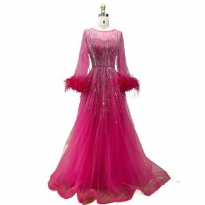 Serene Hill Muslim Fuchsia A Line Luxury Evening Dres Gowns 2024 met veren kralen voor vrouwen bruiloftsfeest LA72248 A71E#