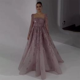 Serene Hill – robe de soirée longue rose musulmane, ligne A, perles, luxe, dubaï, robes de soirée de mariage, LA71915, 240116