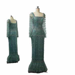 Serene Hill Muslim Turquoise Mermaid Elegant Evening Dres Jurts 2024 Luxe kralen Feather For Women Party LA71722 Q5N2#