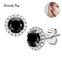 Serenty Day 100% S925 Sterling Silver Four Claw Stud Ear incrusté 1,6 carat une paire Black Moissanite Earring Fine Jewelry For Women