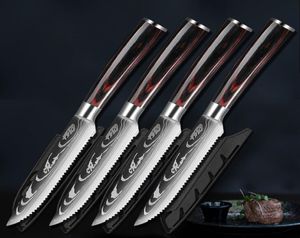 Serrated Steak Knives Damasco Patrón 7CR17 Acero inoxidable Fruit fruta de carne de res cena CUKERLERY CUCHO CUCHO Cuchillo de madera Lavasta5793757