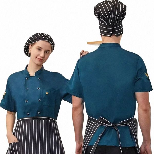 Servicio Mujeres Abrigo Hombres Manga Camisas Chaqueta Cocinero Panadería Restaurante Hotel Camarero Comida Chef Bordado Unisex para uniforme corto 84BN #