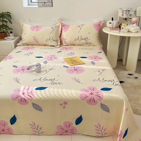 Ensemble 100% pur coton plantes tropicales imprimé drap de lit plat doux confortable draps de lit Double drap de lit respectueux de la peau sans taie d'oreiller