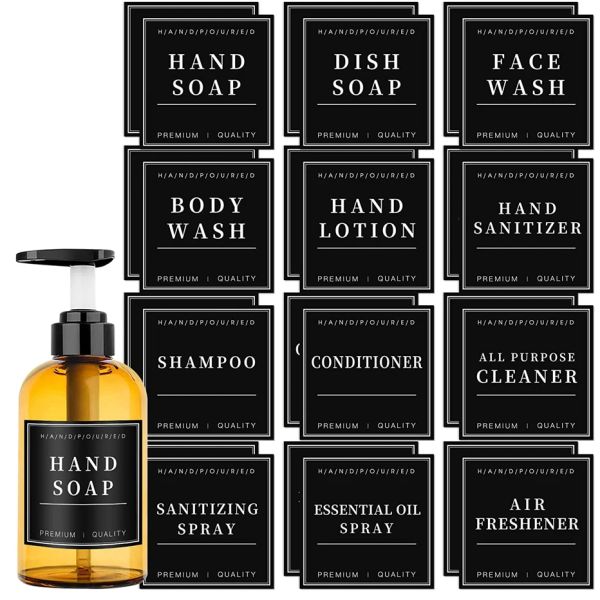Réglez 12pcs shampooing et revitateur Dispensateur étiquette autocollants bouteilles étanche étiquettes de nettoyage amovibles de salle de bain