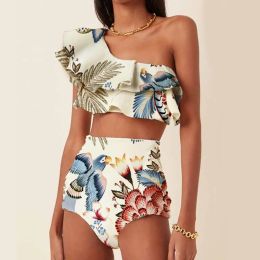 Set 2023 Fashion One épaule Swuffle SweetSuit Colorful Parrot Print Bikini High Wistr Backless Sexy Beachwear Chic Pool Wear Women Women