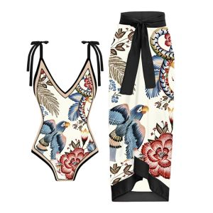 Set 2023 Fashion Vintage Color Block Floral Print Deep V Laceup Dames Beach Sexy Onepiece Bikini Swimsuit Covered Rok