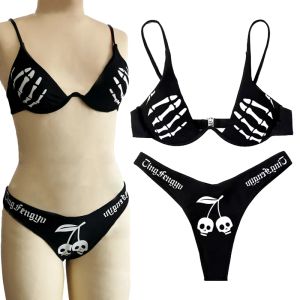 Set 2023 Goth Bikini Sets voor Vrouwen Zomer Zwarte Vinger Top Schedel String Badpak Y2K Sexy Driehoek Hoge Taille bikini Strand Outfit