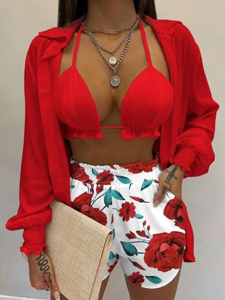 Set 2023 New Red Print High Waist Bikini Sets Massuit de maillot de bain Sexy Lace Up Three Pieces Swnewear Beachwear pour le maillot de bain