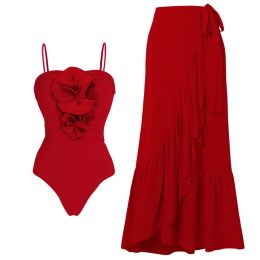 Set 2023 Sexy 3D Flower Swimwear One Piece Swimsuit Rok Vintage Print Deep V Bikini Set Women Braziliaans strand Bads Pak Jurk