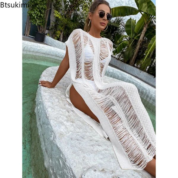 Se fixer 2024 Bikini blanc d'été pour femmes couverture de lacerie sexy kimono boho plage longue robe maxi sheer kaftan tunique kaftan femelle