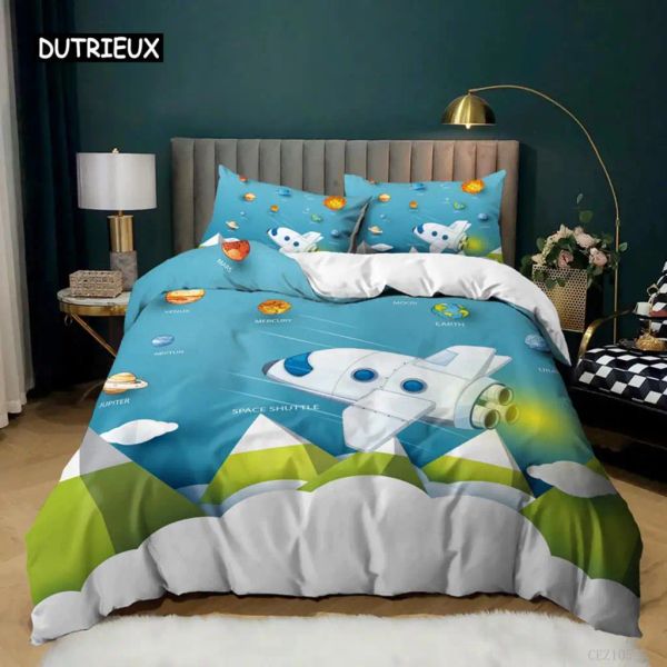 Ensemble de couverture de couette à roquette 3D Set à double taille Microfibre Space Navette GALAXIES LISE SET POUR LES ENFANTS ADEENS BARCHS CARTON CAROD