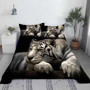 Juego de ropa de cama de tigres blancos en 3D, juego de sábanas de animales, sábana plana de cama de tigre con funda de almohada, textil suave de poliéster para el hogar, estilo King Size