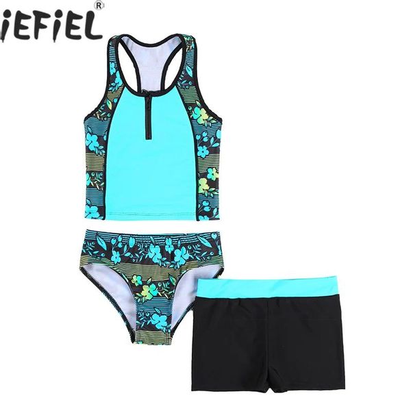 set 3 pièces/ensemble imprimé fleuri enfants maillot de bain filles sans manches Tankini hauts avec bas été filles maillot de bain maillots de bain ensemble de maillot de bain