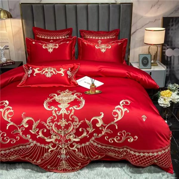 Set 4 PCS Luxury Silk Cotton Wedding Bedding Bedding Set Borded Drorvet Cover Sheet Flat -Flat Red Home Textily Patchwork Cover Cover Cortinas transparentes