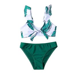 Conjunto de traje de baño para niños de 7 a 14 años, conjunto de Bikini con volantes y estampado de hojas, traje de baño de dos piezas para chicas adolescentes, traje de baño para piscina, ropa de playa para niños