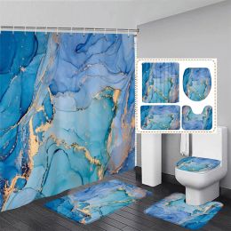 Cortina de ducha de mármol azul abstracta Conjunto de textura de tinta de línea de oro