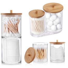 Réglez les bocaux de salle de bain du support de support QTIPS en acrylique avec couvercles en bambou, coton coton support d'écouvillon rond pour accessoires de salle de bain Storag