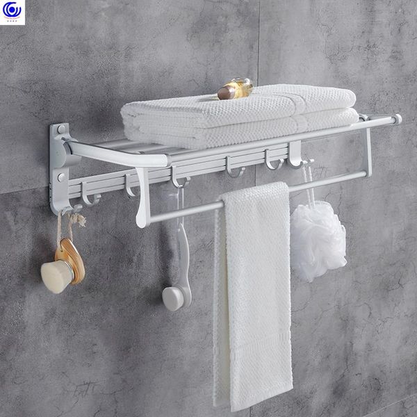 Réglez le porte-serviette pliable sans ongles en aluminium Salle de bain Double étagères avec hooks rack de stockage accessoires de support non punch