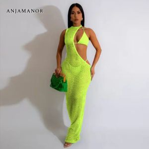 Zet Anjamanor 3 -delige bikinis sets met FineNet Mesh Cover Up Dress Neon Green Sexy Summer Vacation Beach Outfits voor vrouwen D29CF27